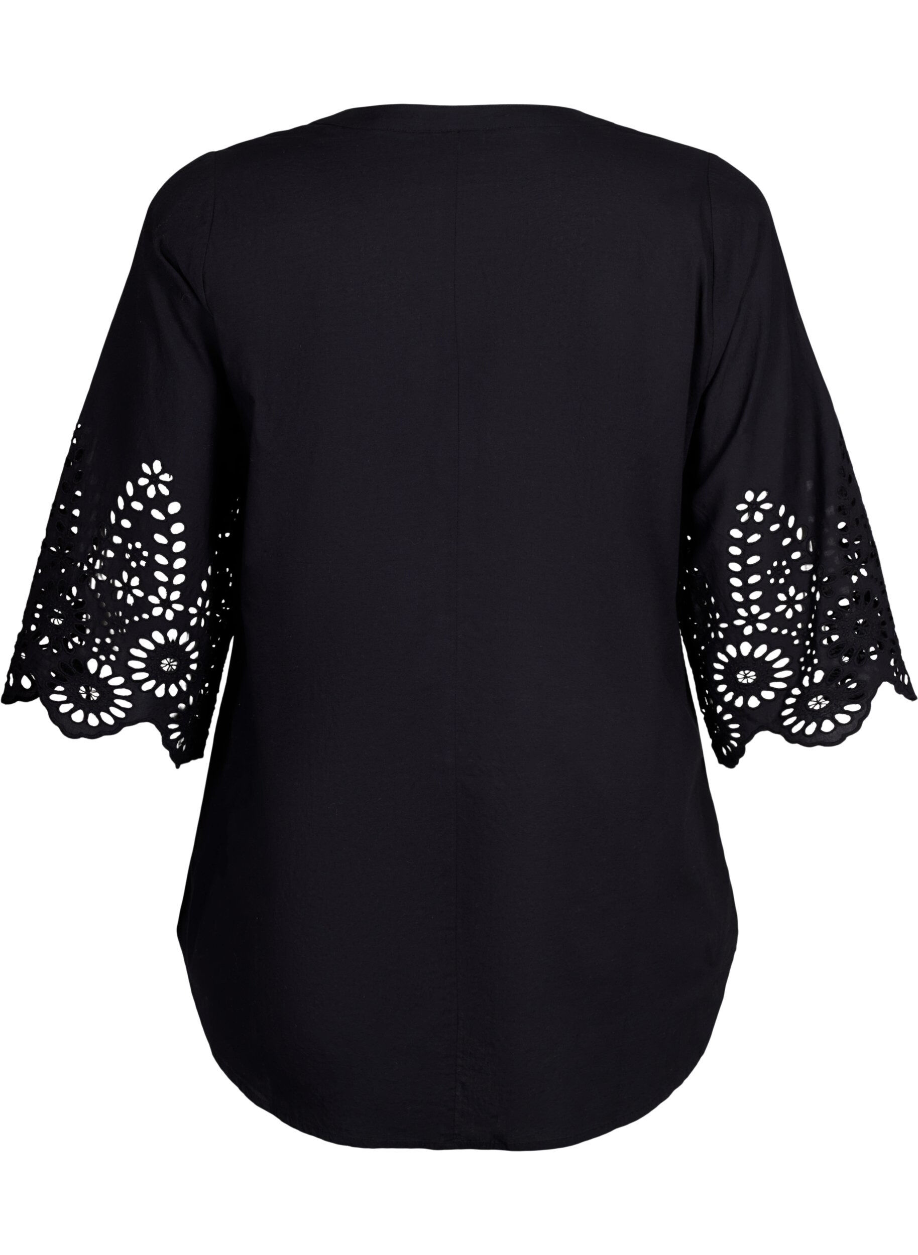 Zizzi Skjortebluse med broderi anglaise og 3/4 &aelig;rmer , Black, Packshot image number 1