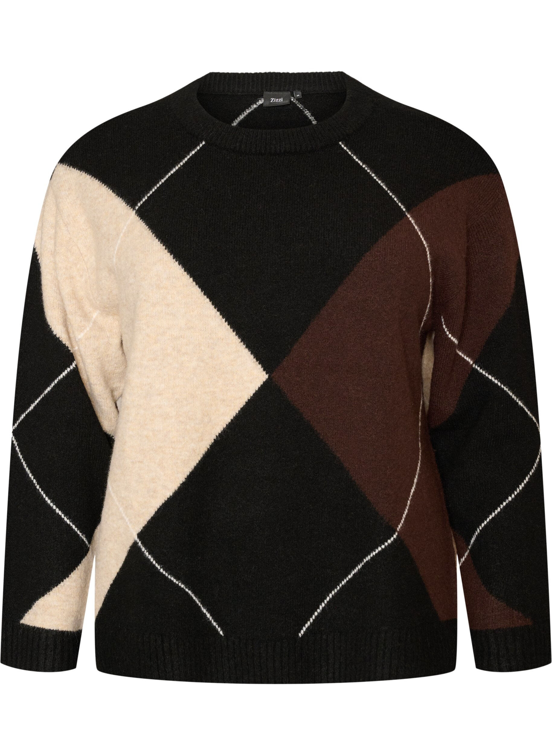 ZizziStrikbluse med harlekinm&oslash;nster, Sort, Packshot image number 0