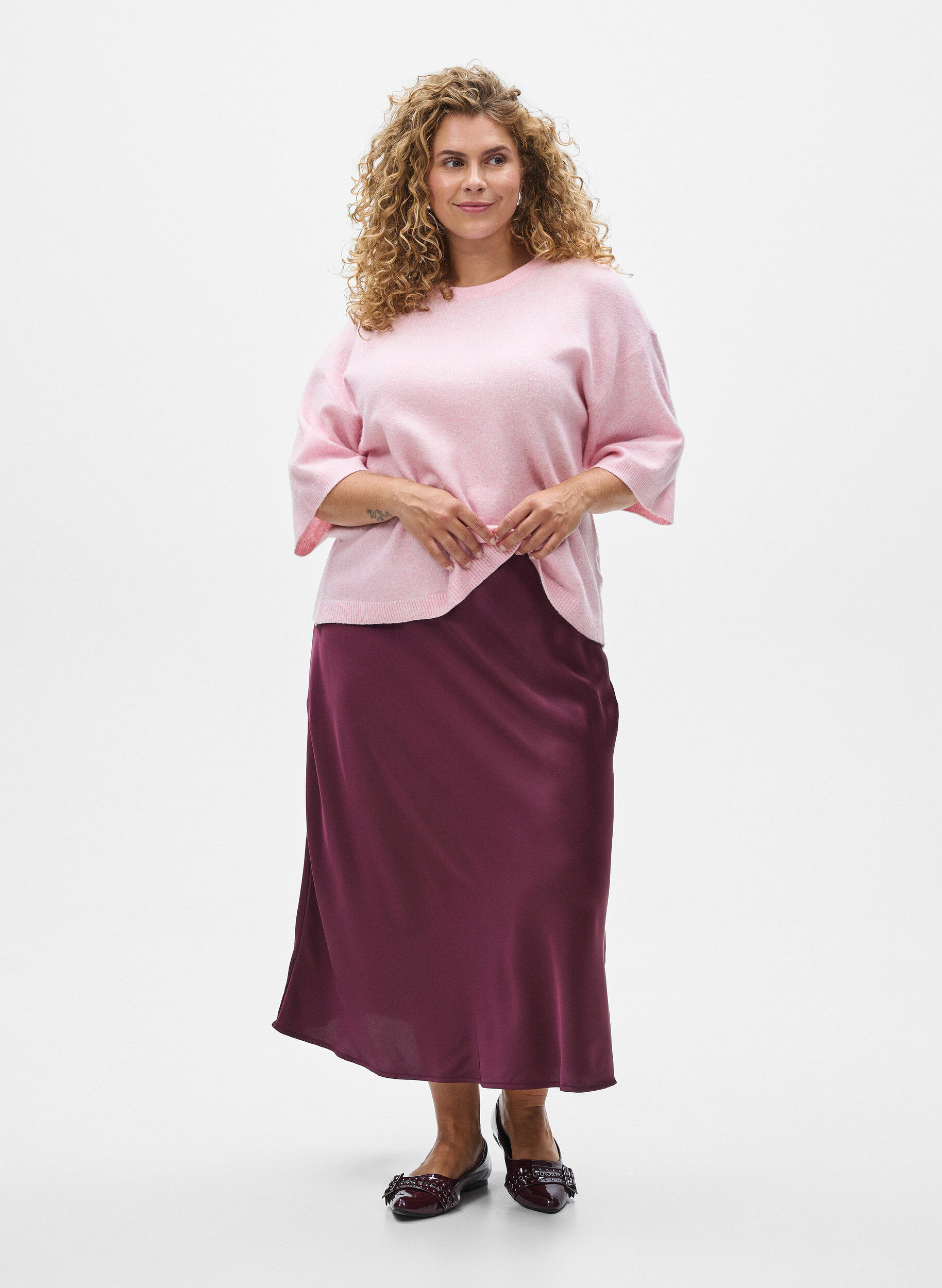 ZizziL&oslash;s strikbluse med korte &aelig;rmer, Lyser&oslash;d, Model image number 1