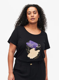 Bomulds t-shirt med motiv, Black w. Face Foil, Model