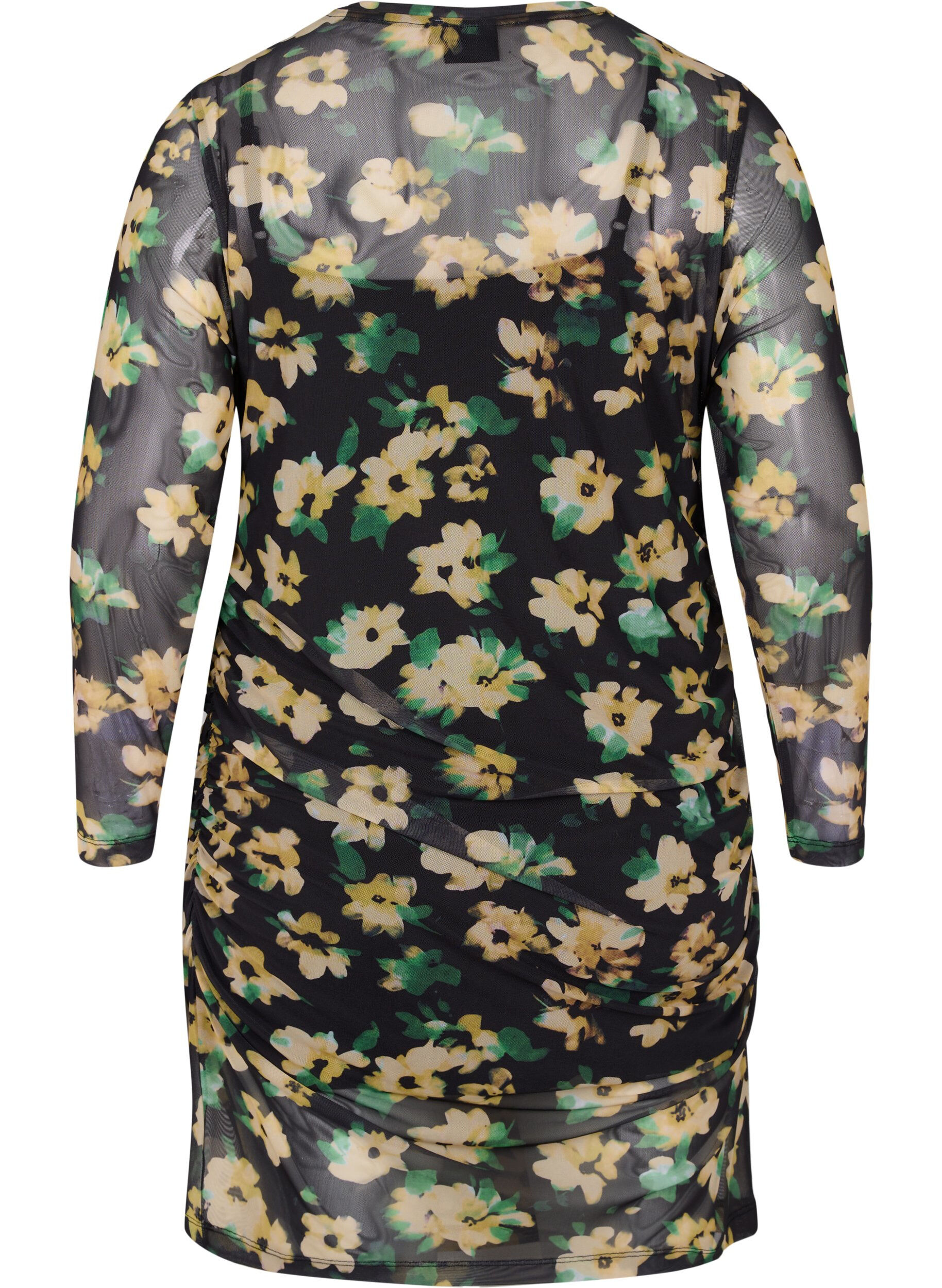 Zizzi T&aelig;tsiddende mesh kjole med 3/4 &aelig;rmer, Yellow Green AOP, Packshot image number 1