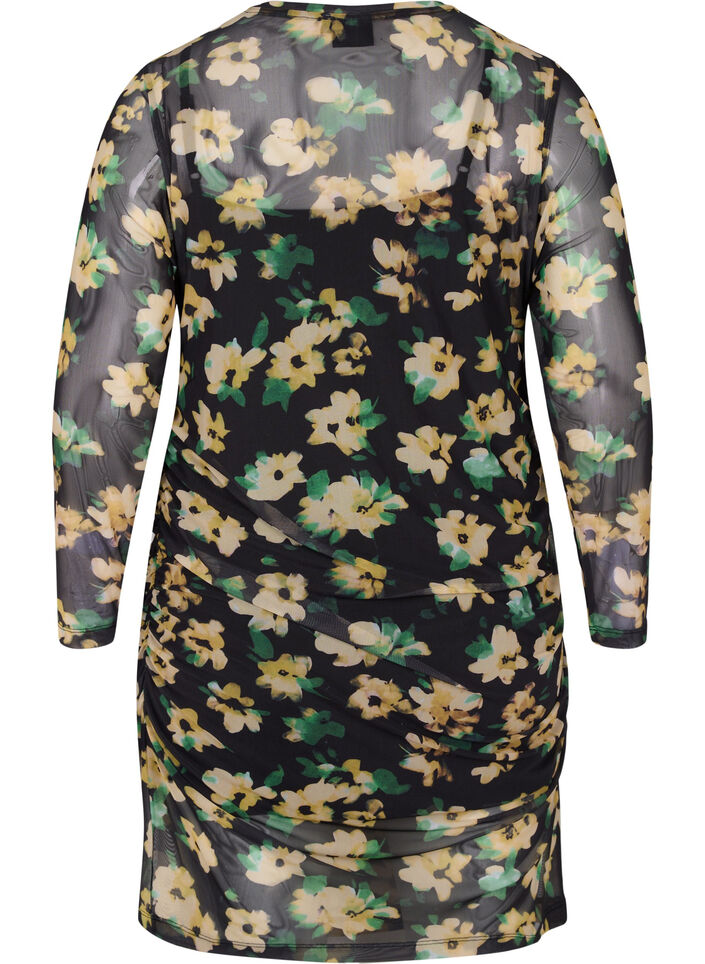 T&aelig;tsiddende mesh kjole med 3/4 &aelig;rmer, Yellow Green AOP, Packshot image number 1