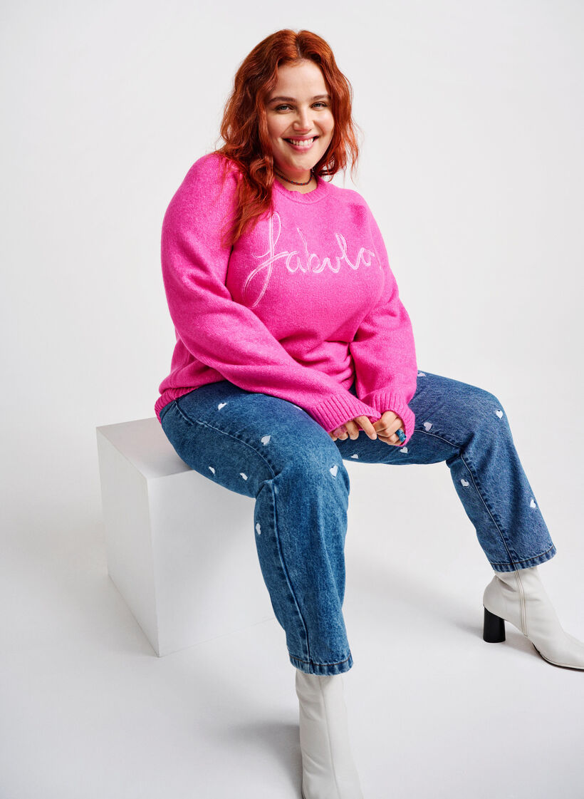 Strikbluse med broderet tekst, Raspberry Rose, Image image number 0