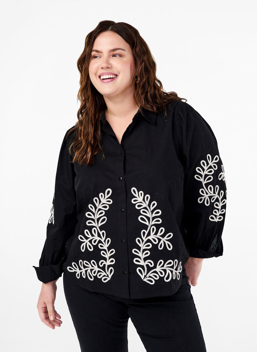 Løs skjorte i bomuld med broderi, Black, Model image number 0