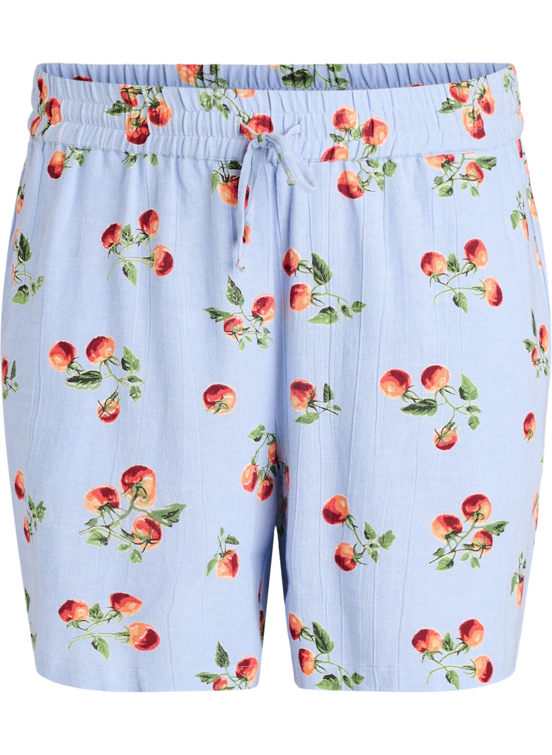Shorts i bomuld med tomatprint og h&oslash;j talje