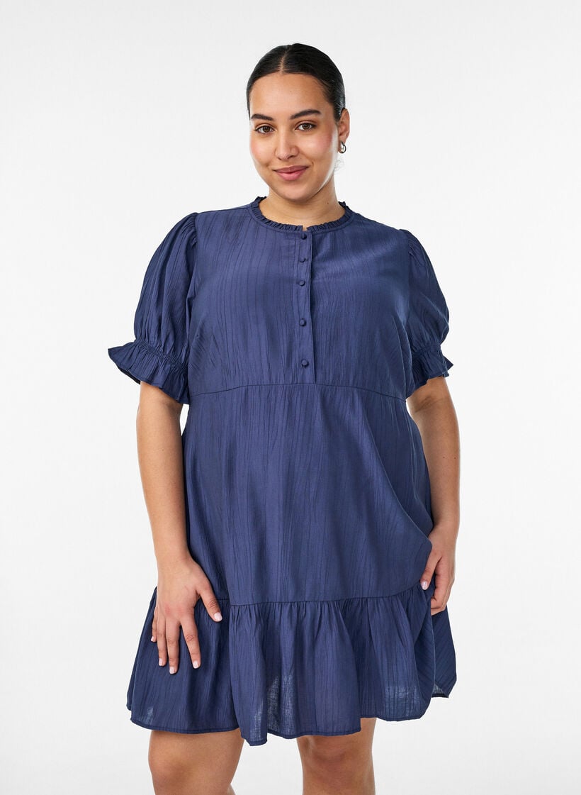Kort kjole i viskose med fl&aelig;sedetaljer, Bl&aring;, Model image number 0
