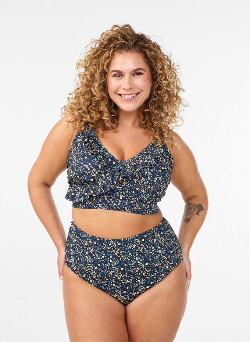 Blomstret bikini bh med fl&aelig;sedetaljer, Bl&aring;, Model image number 1