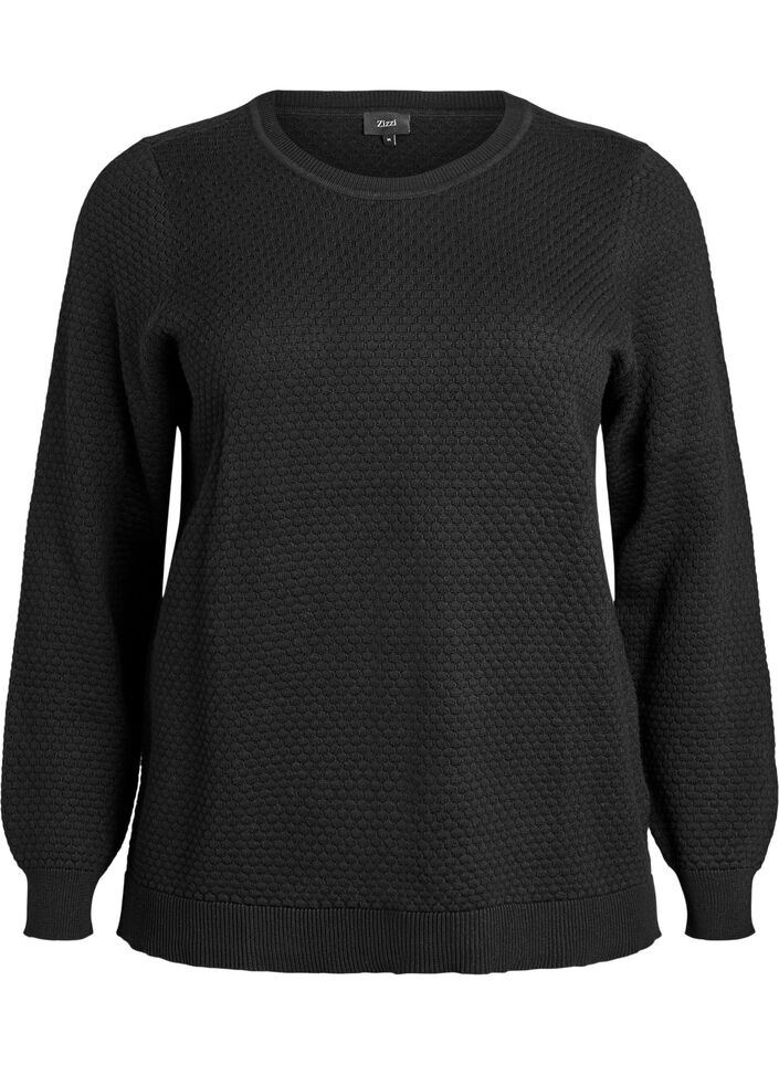 Strikbluse i bomuld med strukturmønster, Sort, Packshot image number 0