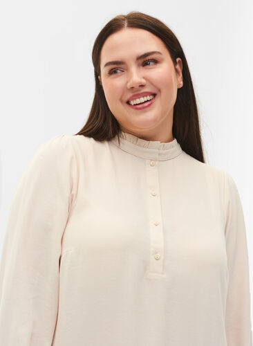 Langærmet tunika med flæsekrave, Warm Off-white, Model image number 2