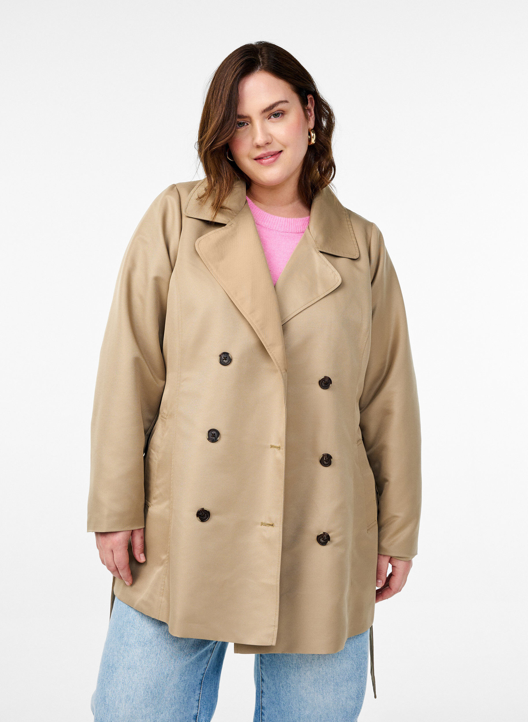 Kort trenchcoat med b&aelig;lte, Beige, Model