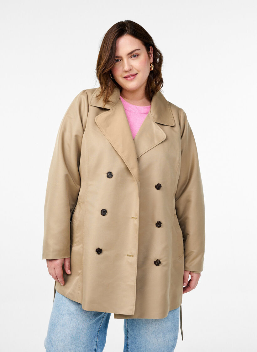 Kort trenchcoat med bælte, Beige, Model image number 0