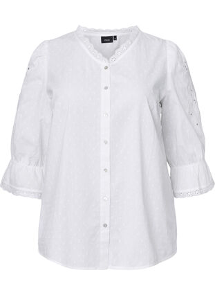 Skjortebluse med struktur og broderi anglaise, Bright White, Packshot image number 0