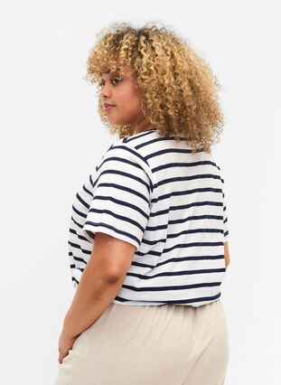 Stribet bomulds t-shirt med v-hals, Bright White Stripe, Model image number 1