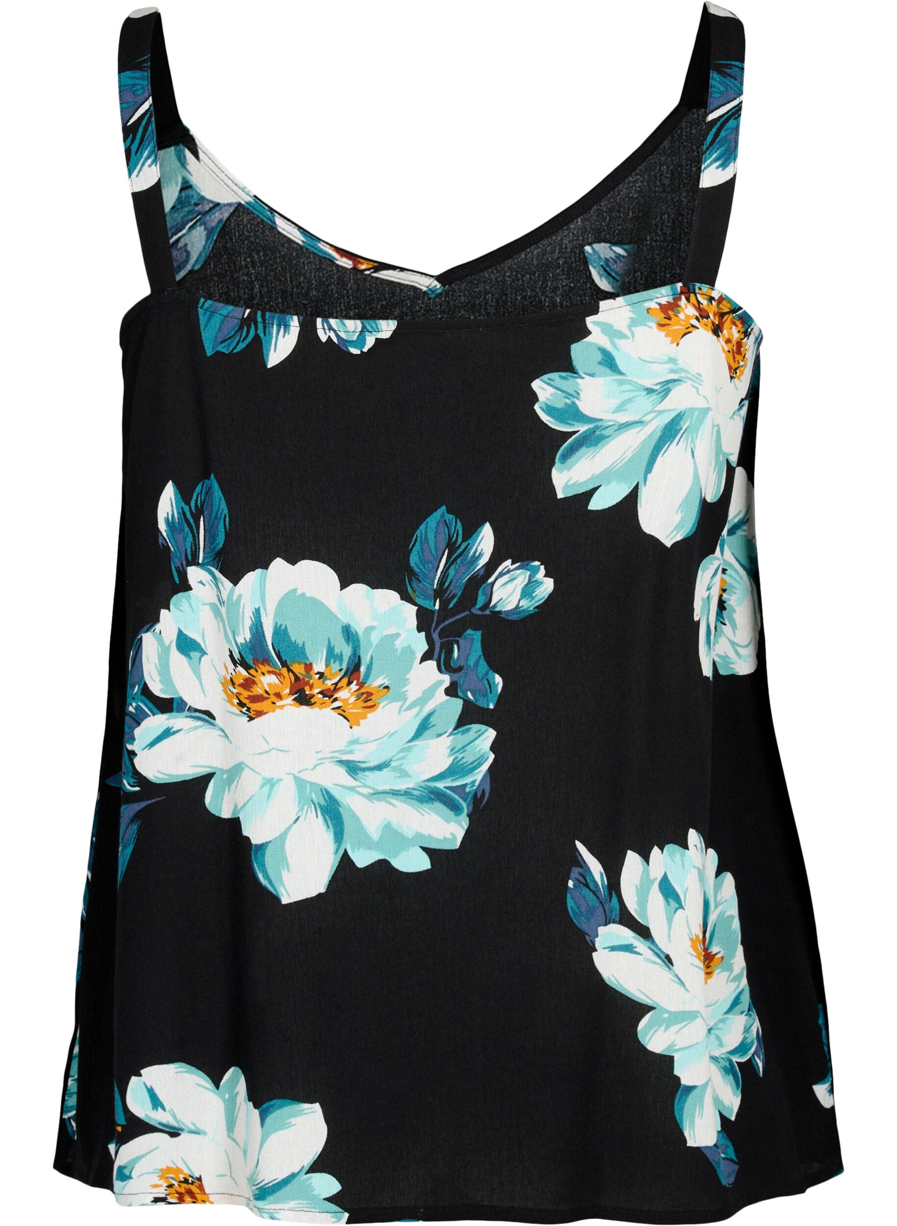 Zizzi &AElig;rmel&oslash;s top i viskose, Black Big Flower, Packshot image number 1