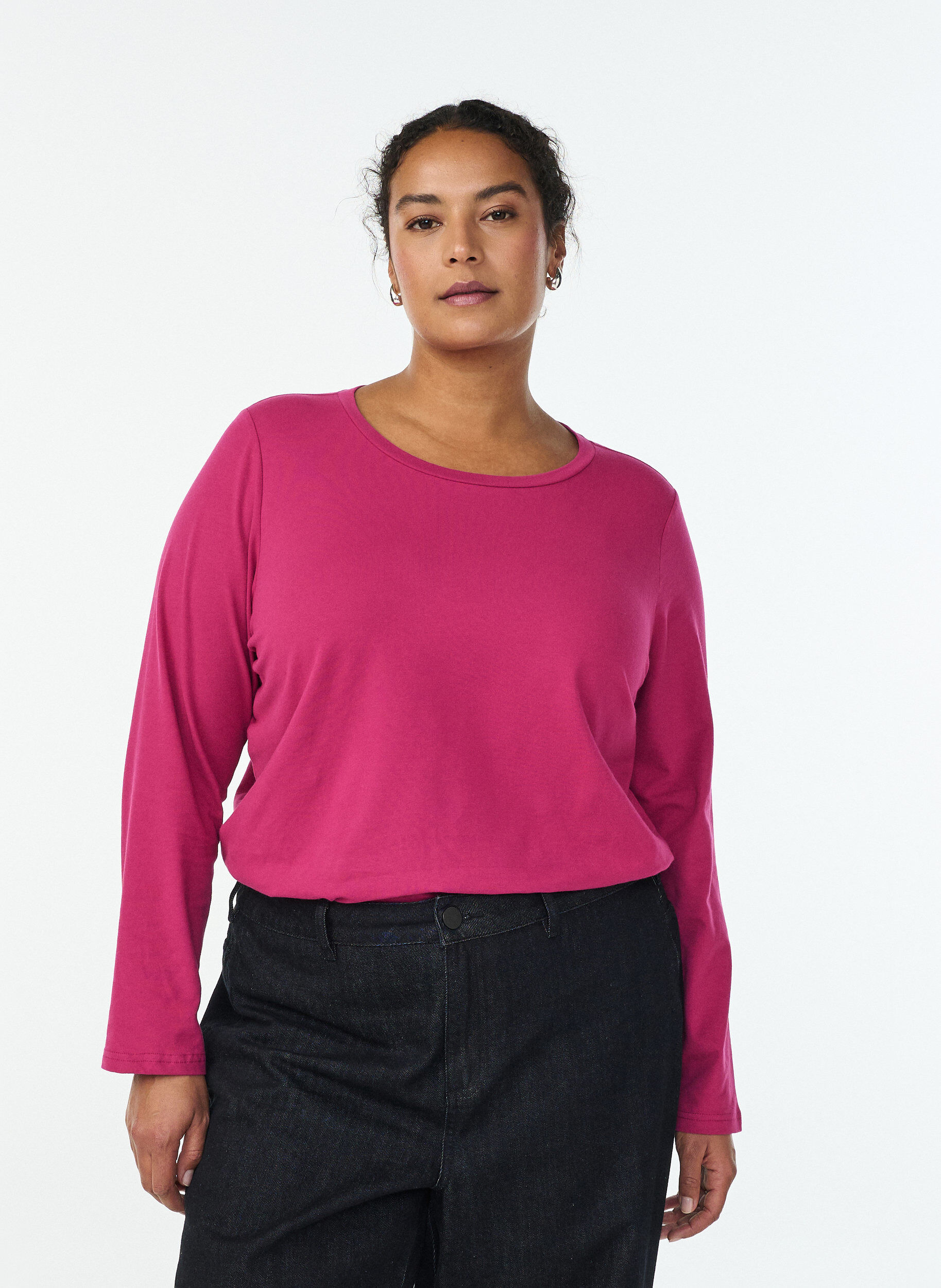 Basis jerseybluse med lange &aelig;rmer, Lyser&oslash;d, Model