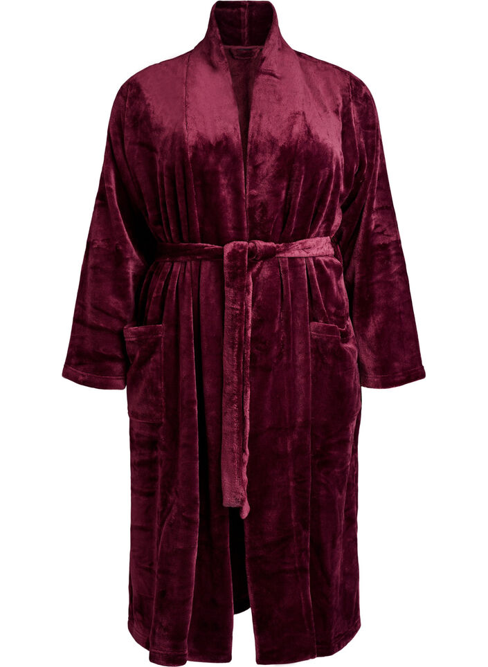 Morgenk&aring;be i bl&oslash;d velour med lommer, M&oslash;rk Bordeaux, Packshot image number 0