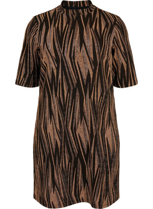 Mønstret kjole med glitter og korte ærmer, Black w. Copper, Packshot image number 0