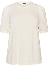 Bluse med knapdetalje og korte puf&aelig;rmer, Beige