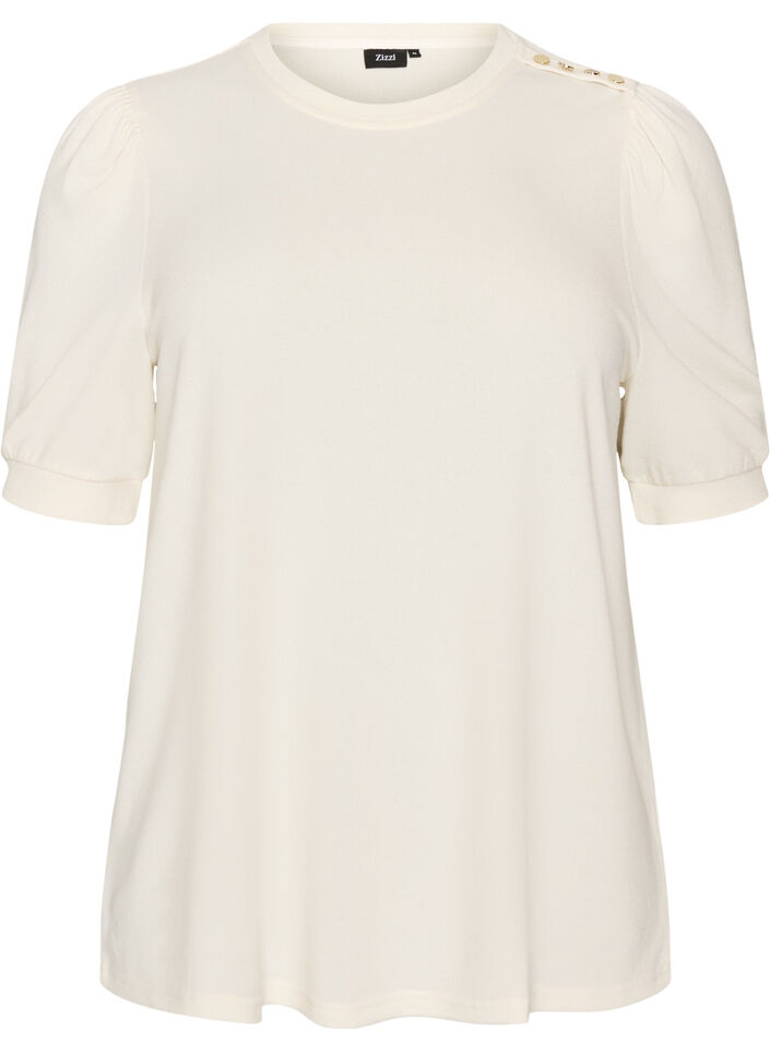 Bluse med knapdetalje og korte puf&aelig;rmer, Beige, Packshot image number 0