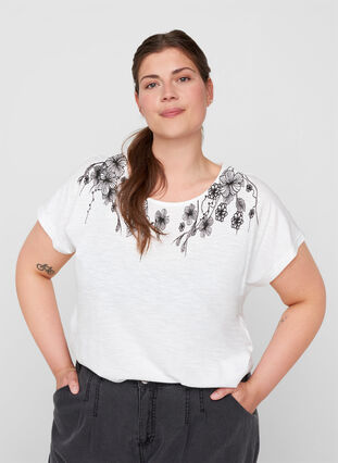 Bomulds t-shirt med printdetaljer , Bright White FLOWER, Model image number 0