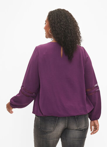 Langærmet bluse med blonder, Deep Purple, Model image number 1