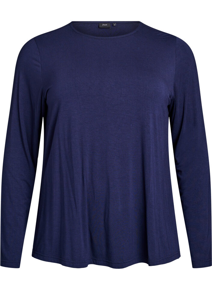 Ensfarvet bluse med lange ærmer, Blå, Packshot image number 0