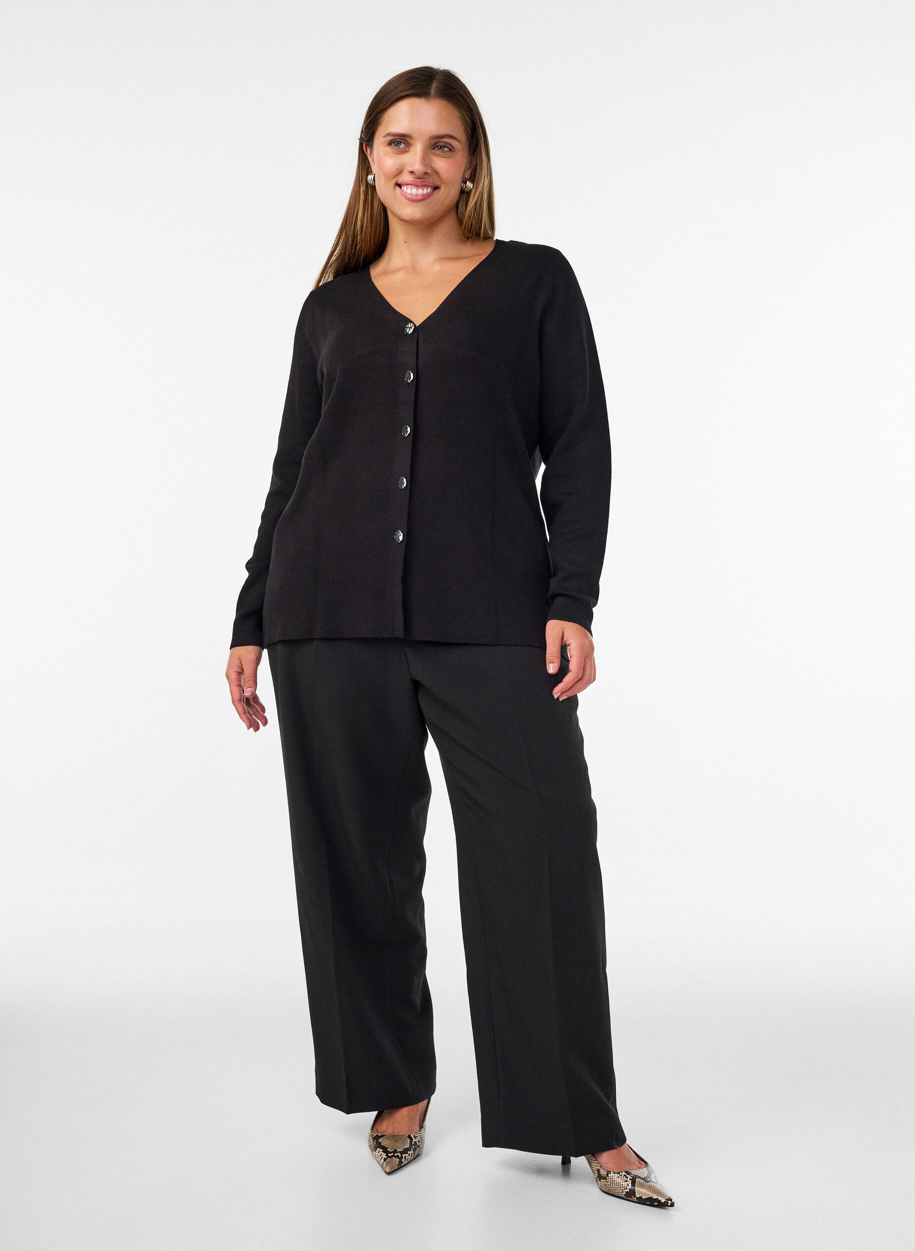 ZizziFinstrikket cardigan med dekorative knapper, Sort, Model image number 1