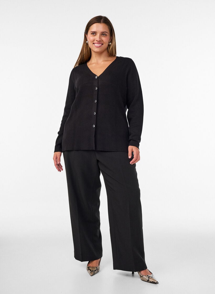 Finstrikket cardigan med dekorative knapper, Sort, Model image number 1