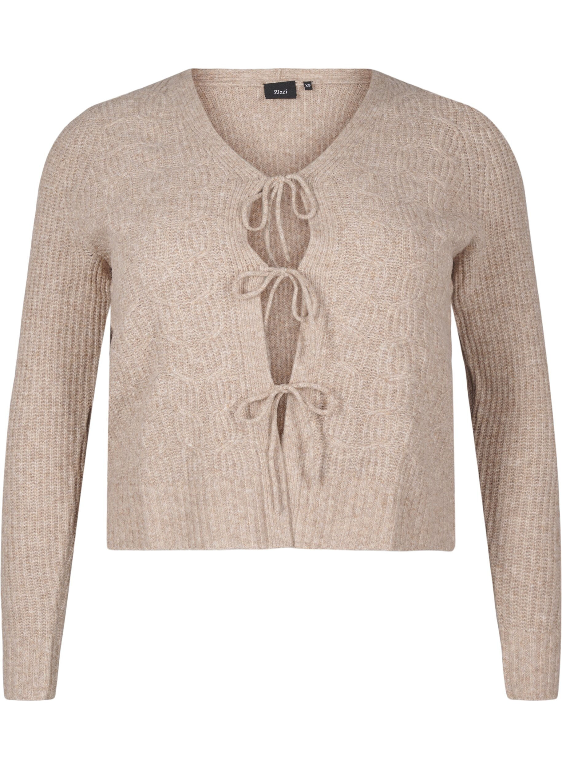 Zizzi Strikket cardigan med bindedetaljer, Simply Taupe Mel., Packshot image number 0