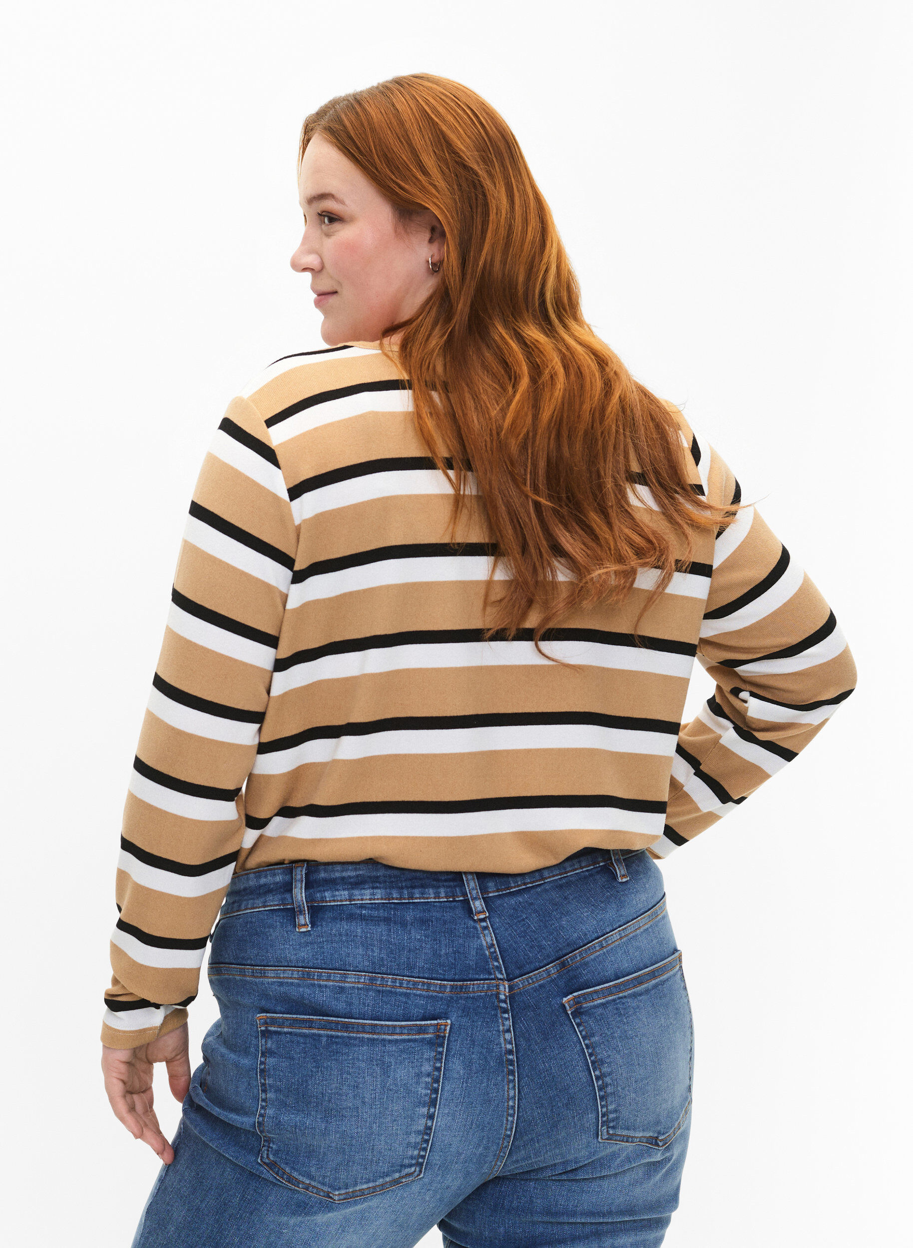 ZizziStribet bluse med lange &aelig;rmer, Sort, Model image number 2