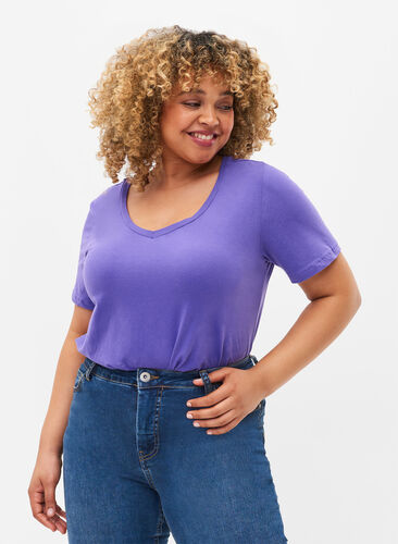 Ensfarvet basis t-shirt i bomuld, Ultra Violet, Model image number 0
