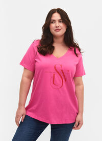 Bomulds t-shirt med tryk, Shocking Pink SUN, Model