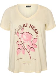 T-shirt i bomuld med frontprint og V-hals, Beige