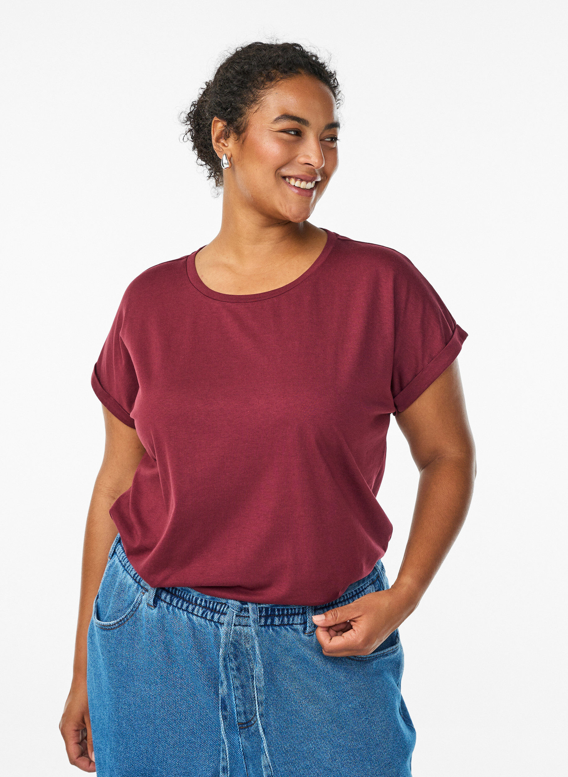 ZizziKort&aelig;rmet t-shirt i bomuldsblanding, M&oslash;rk Bordeaux, Model image number 0