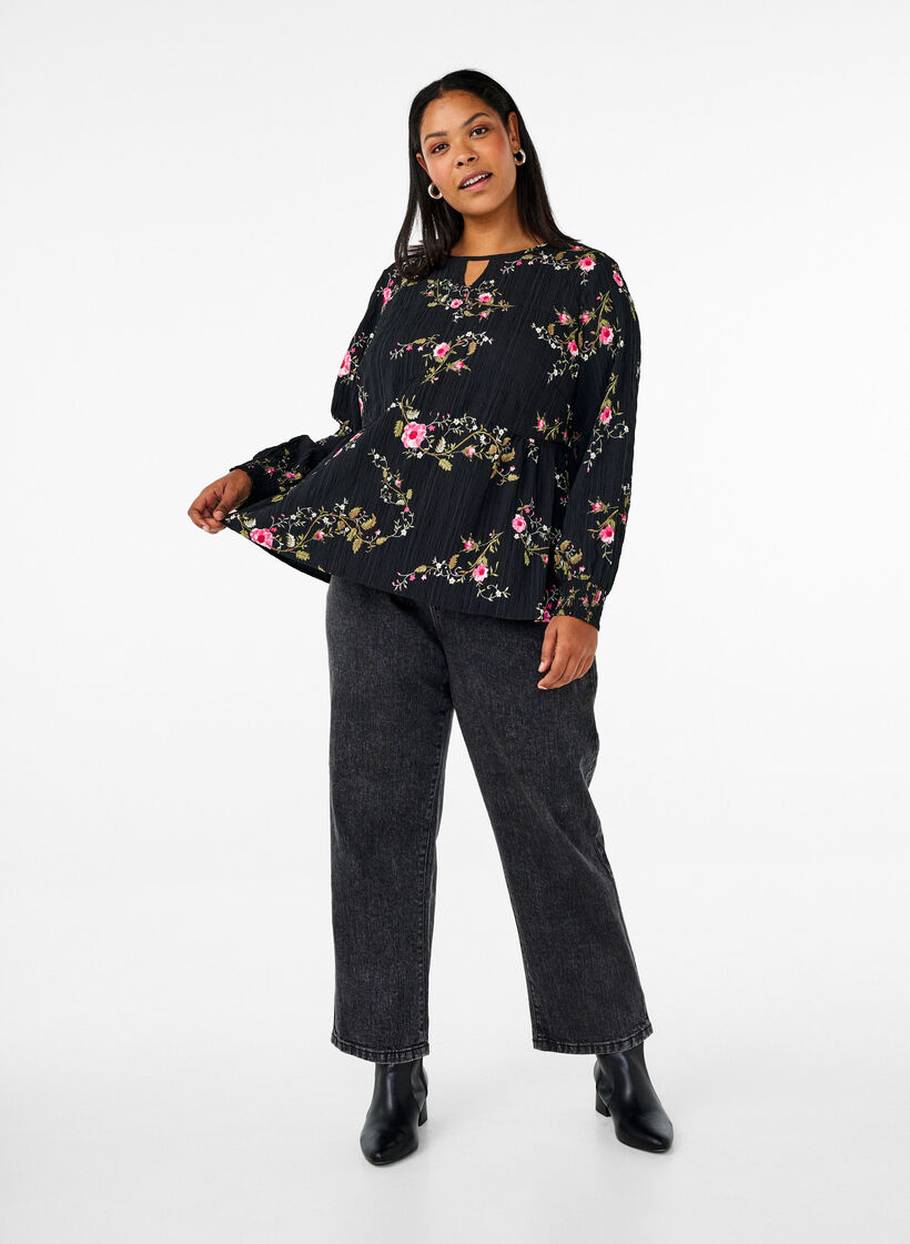 Lang&aelig;rmet bluse med blomsterprint, Sort, Model image number 1