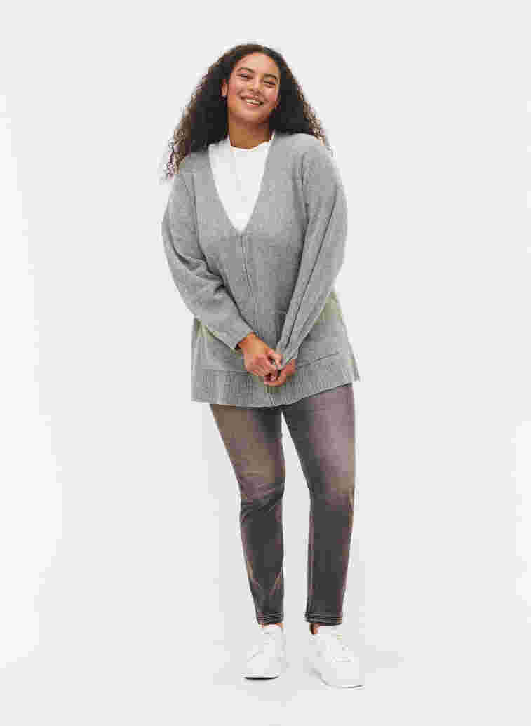 Lang strikket cardigan med lynlås og lommer, Medium Grey Melange, Model image number 2