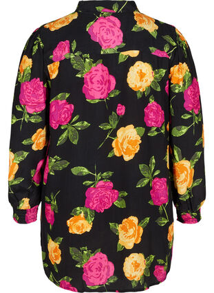 Blomstret viskose skjorte med smock, Black Flower AOP, Packshot image number 1