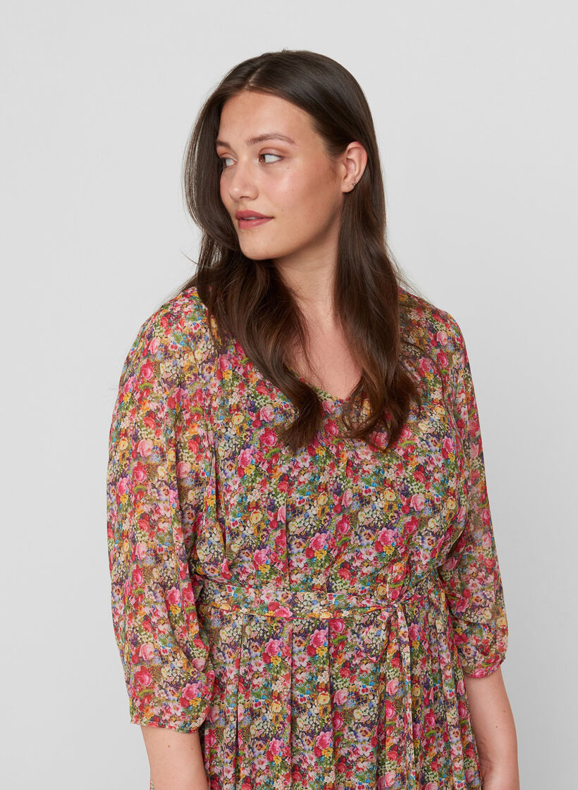 Blomstret midikjole med bindebånd i taljen, Pink Flower AOP, Model image number 2