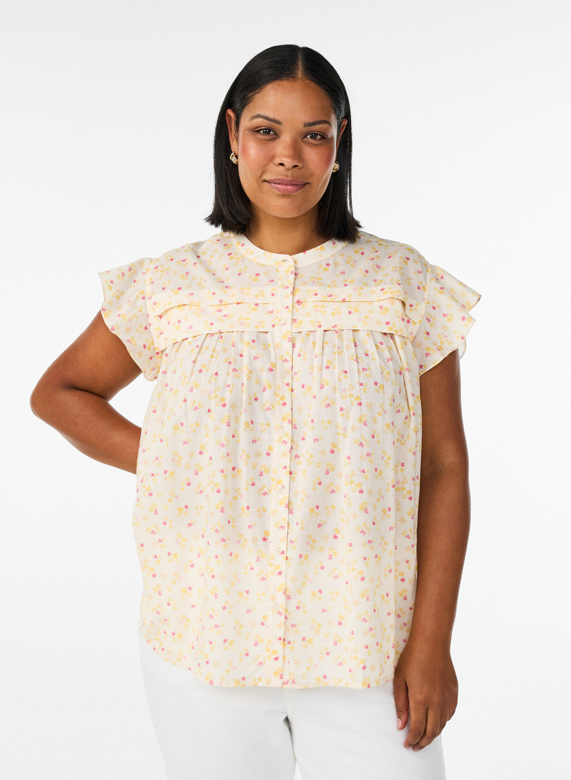 Zizzi&AElig;rmel&oslash;s skjortebluse i bomuld med A-form, Gul, Model image number 0
