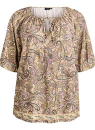 Bluse i viskose med paisleyprint og bindesnor, Gul