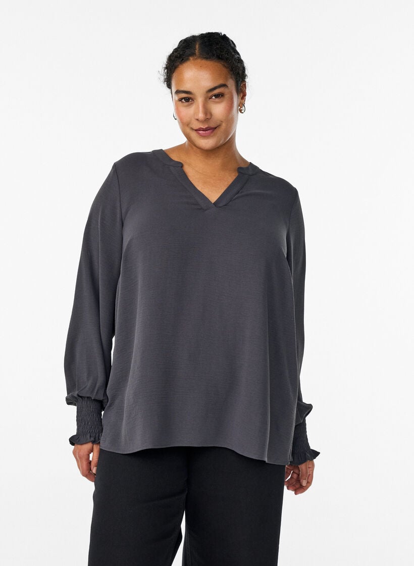 Bluse med smock manchetter og V-udsk&aelig;ring, Gr&aring;, Model image number 0