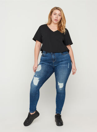 Højtaljede Amy jeans med slid, Blue denim, Model image number 0