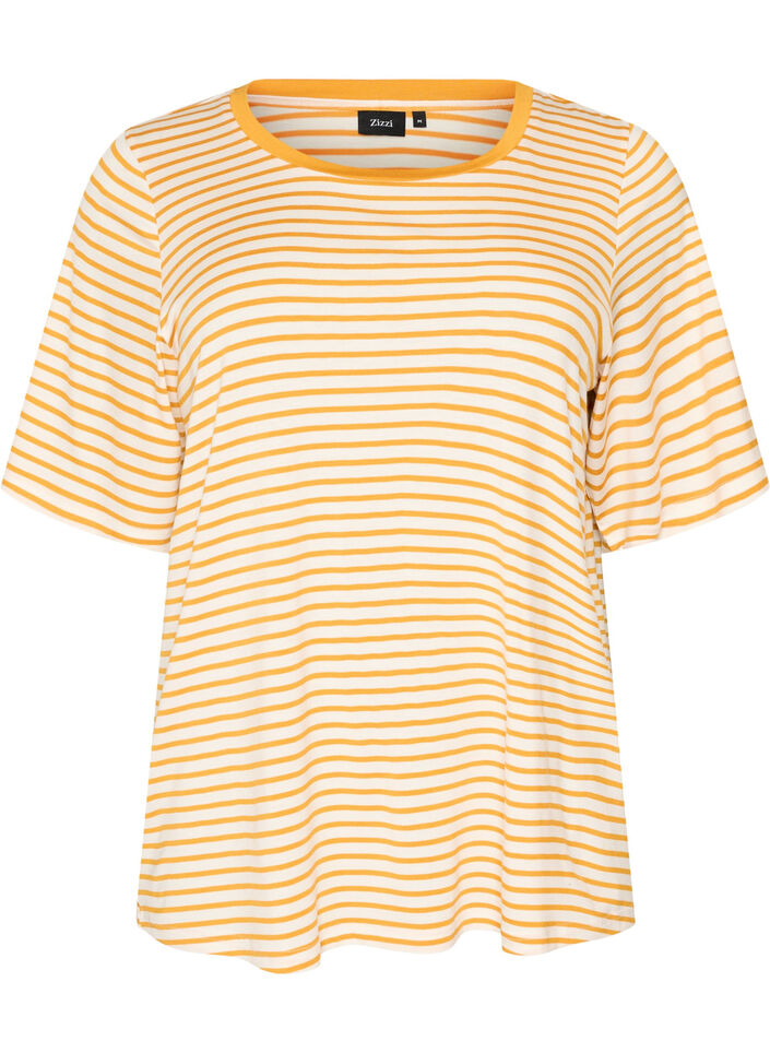 T-shirt med TENCEL&trade; Lyocell og striber , Gul, Packshot image number 0