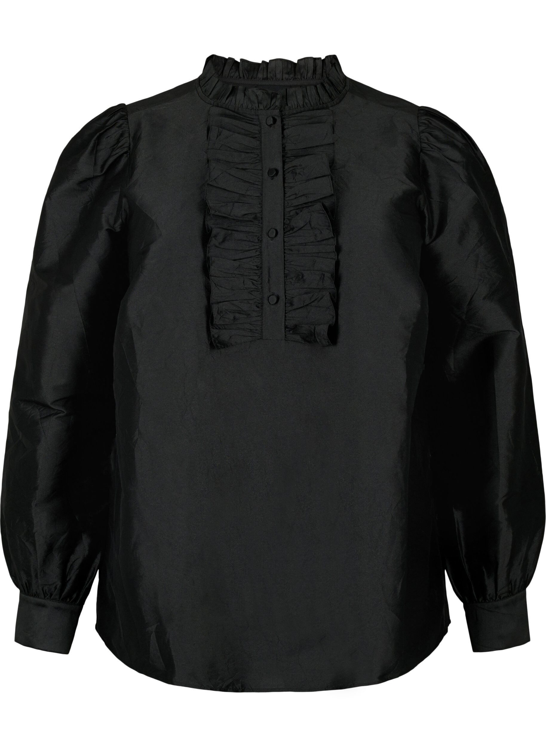 Zizzi Shiny skjortebluse med fl&aelig;ser, Black, Packshot image number 0