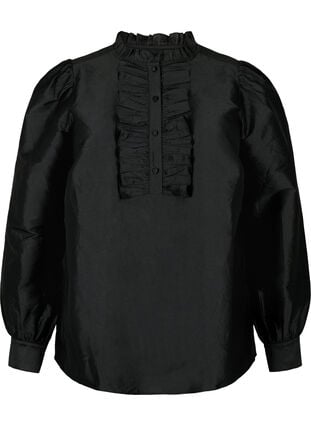Shiny skjortebluse med flæser, Black, Packshot image number 0