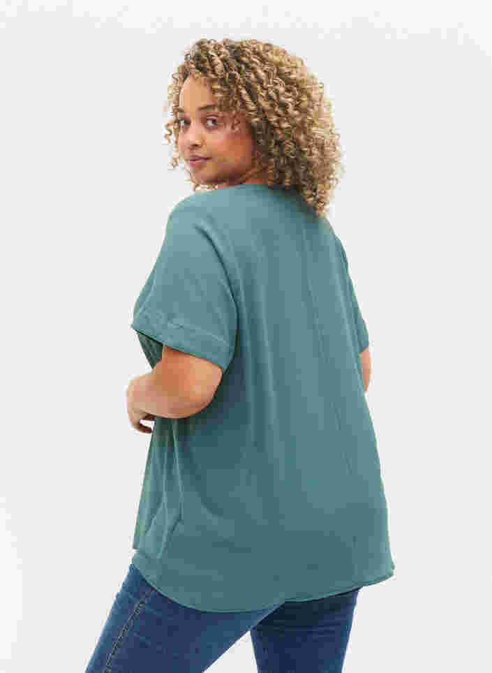 Kortærmet bluse med v-udskæring, Mallard Green, Model image number 1
