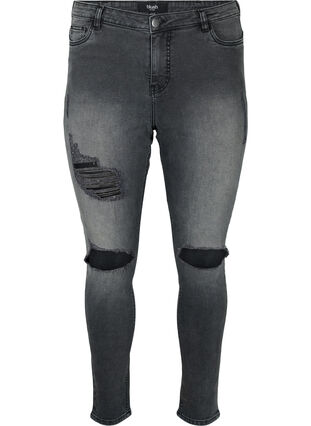 Tætsiddende jeans med sliddetaljer, Grey Denim, Packshot image number 0