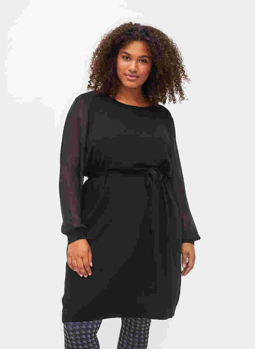 Strikket kjole med transparente ærmer, Black, Model