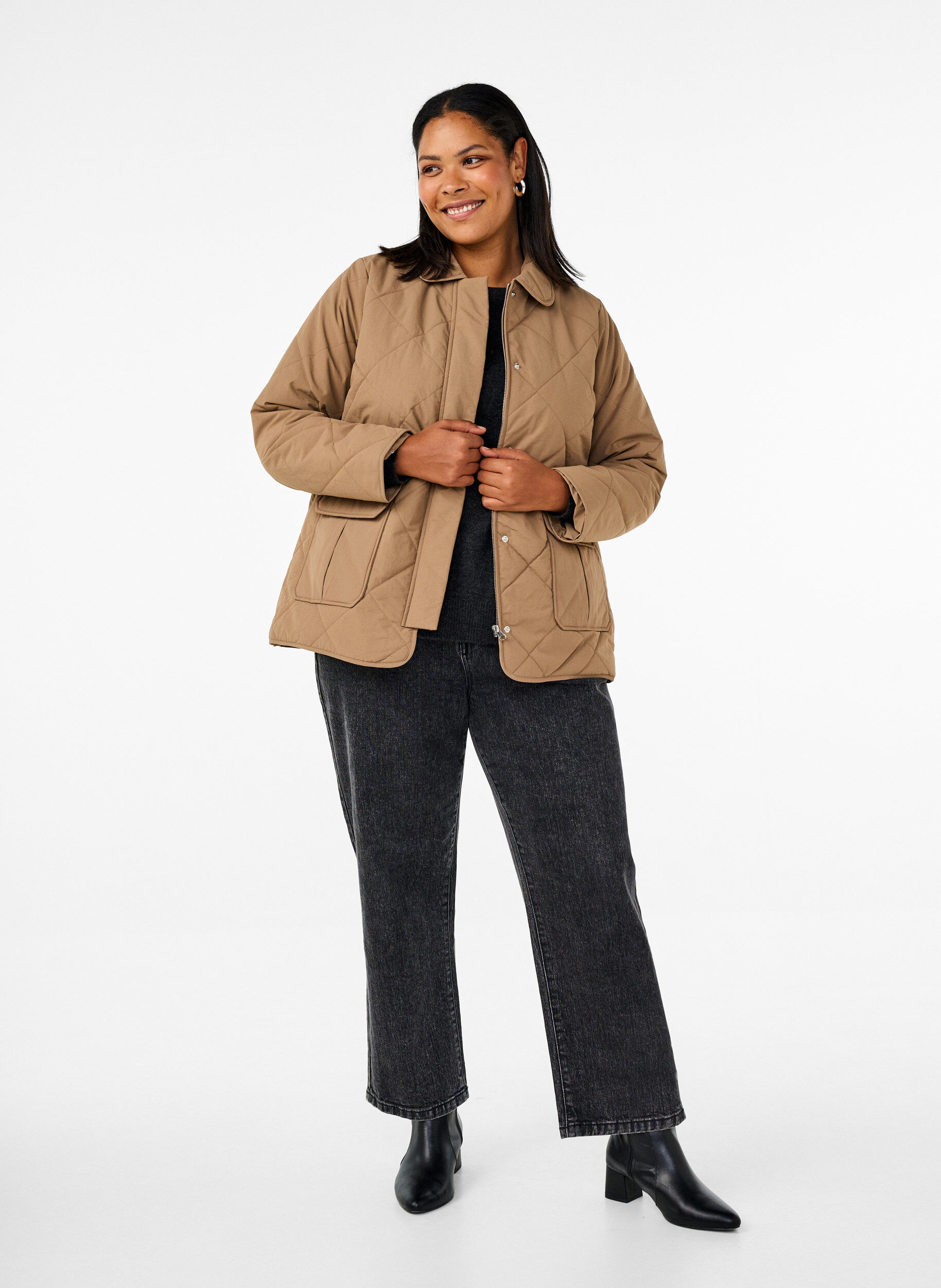 Zizzi Quiltet jakke med krave og lommer, Brun, Model image number 1