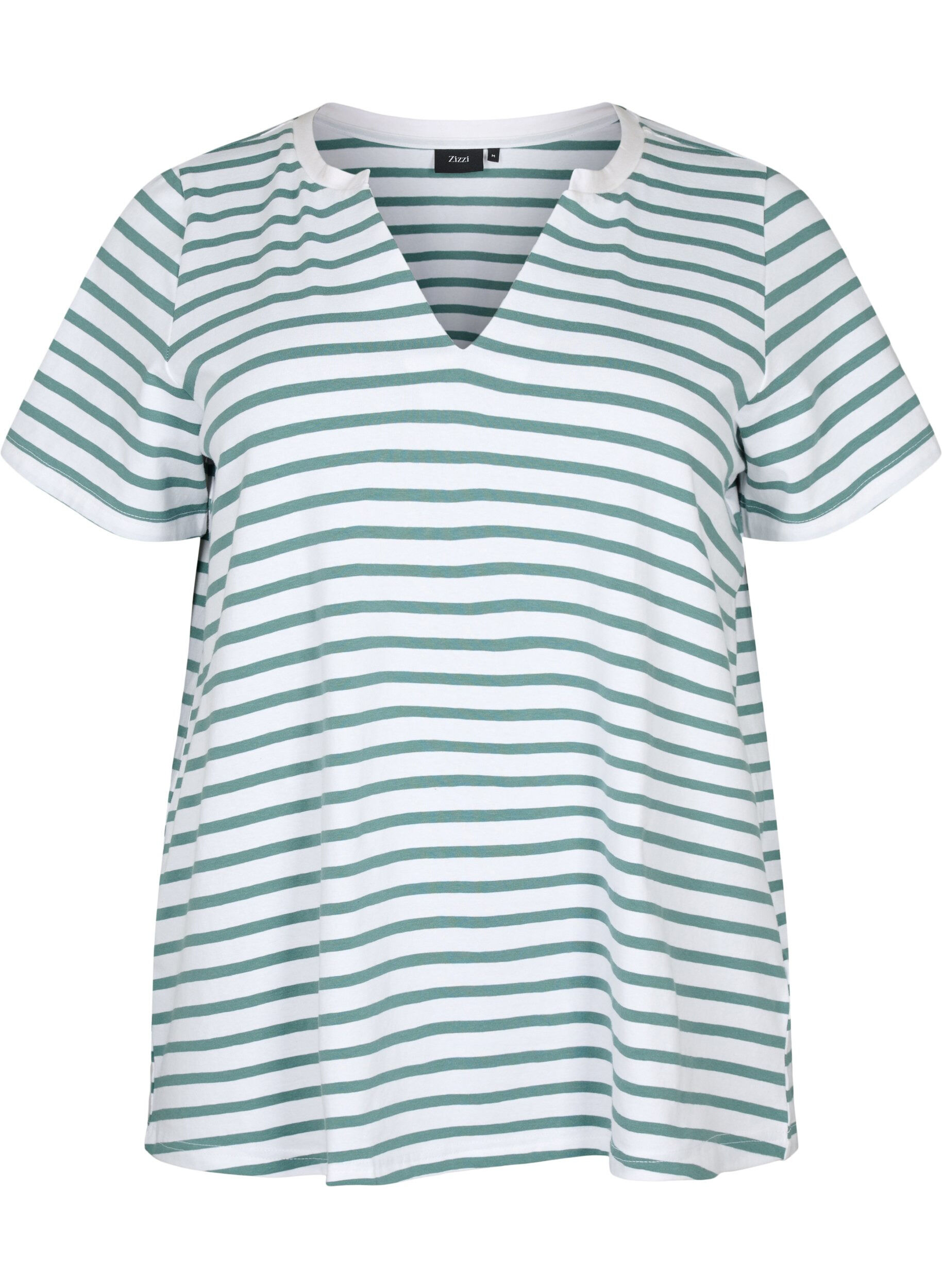 Zizzi Bomulds t-shirt med striber og v-hals, B.White/SeaP.Stripes, Packshot image number 0